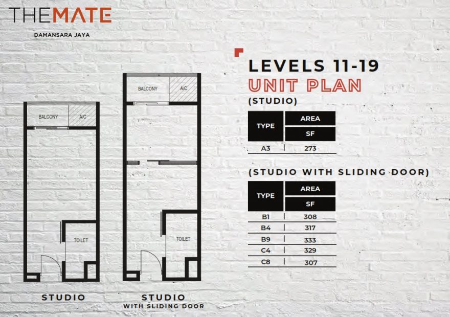 Level 11 - 19, signature studios (with & without sliding door) - 273 sf - 333 sf