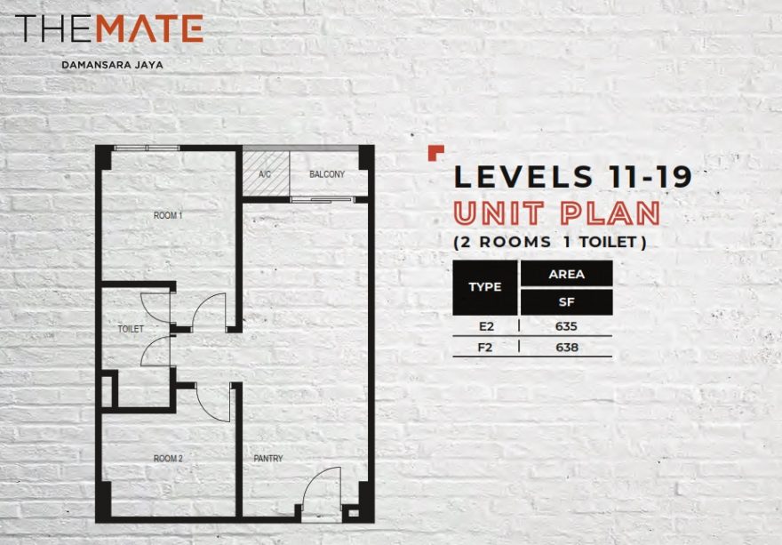 Level 11 - 19, 2 bedrooms + 1 toilets unit - 635 sf & 638 sf