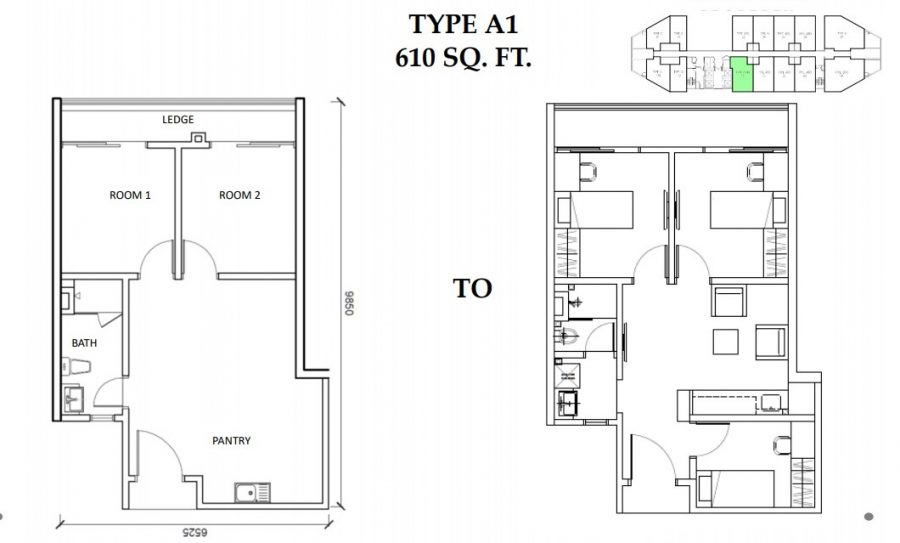 Type A1 - 2 bedroom (610sf) - convertible to 3 bedroom in renovation package