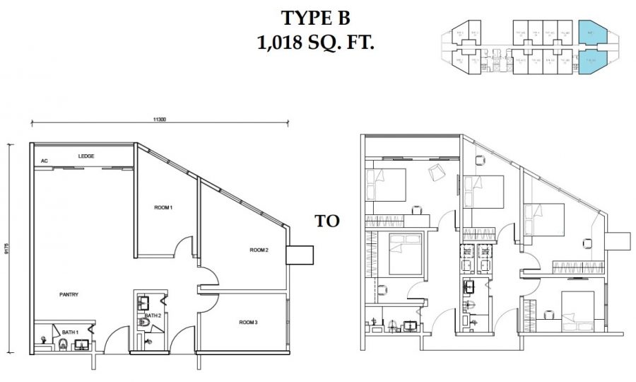 Type B - 3 bedroom dual keys (1,018sf) - convertible to 5 bedroom in renovation package