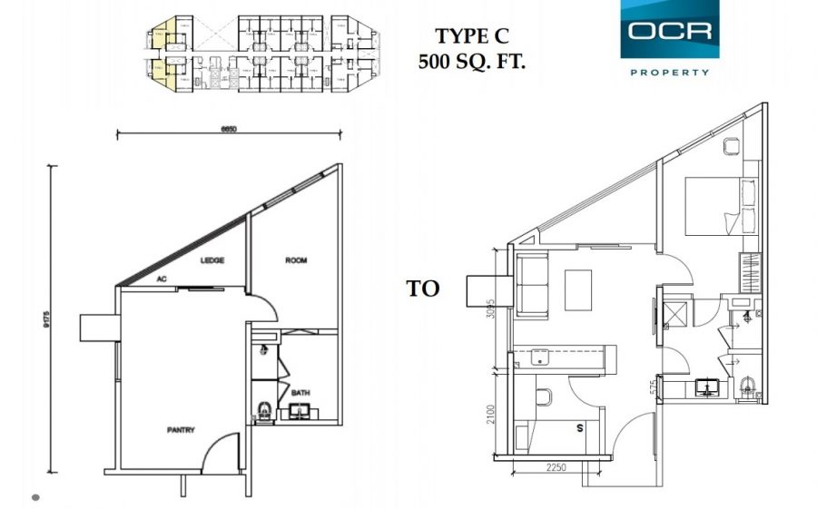 Type C - 1 bedroom (500sf) - convertible to 2 bedroom in renovation package